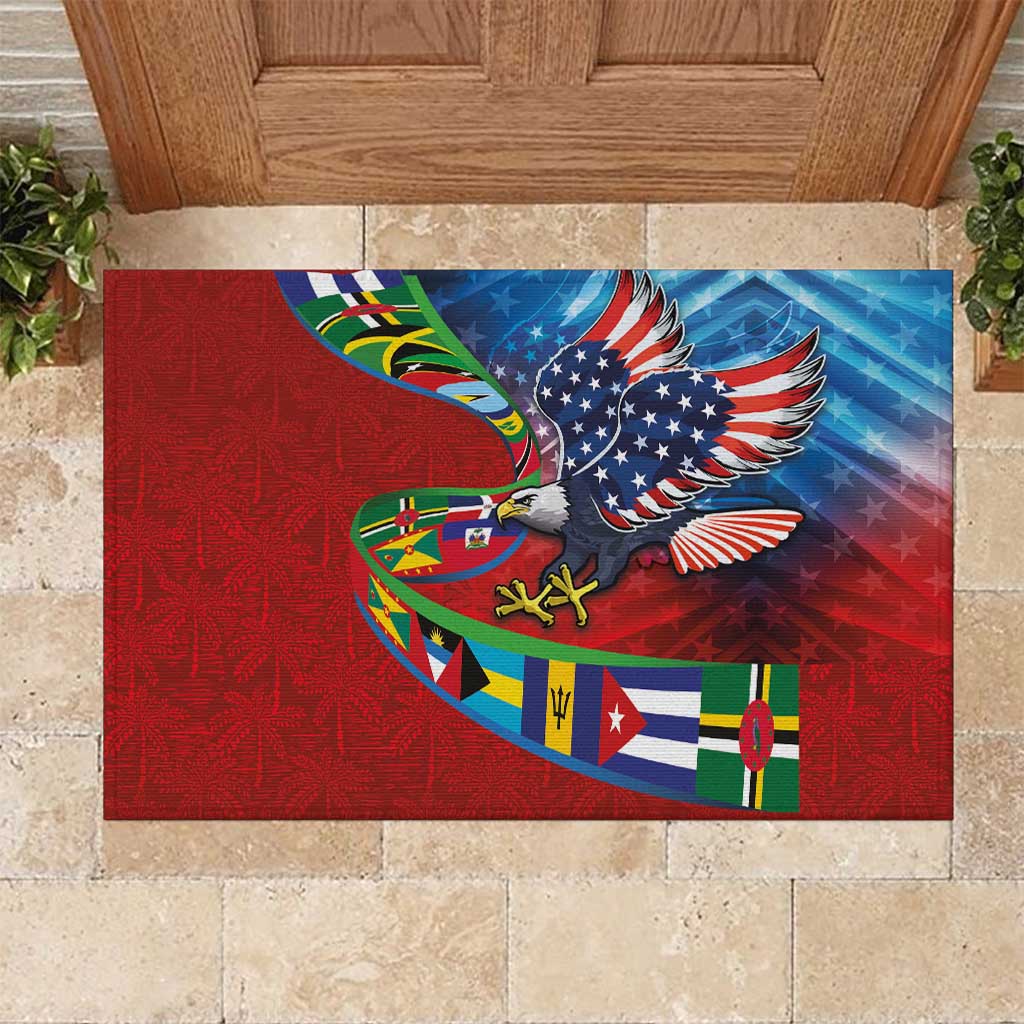 Caribbean-American Heritage Month Rubber Doormat National Flags Ribbon Wave Style with US Flag Eagle - Wonder Print Shop