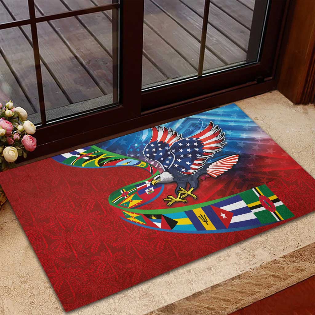 Caribbean-American Heritage Month Rubber Doormat National Flags Ribbon Wave Style with US Flag Eagle - Wonder Print Shop