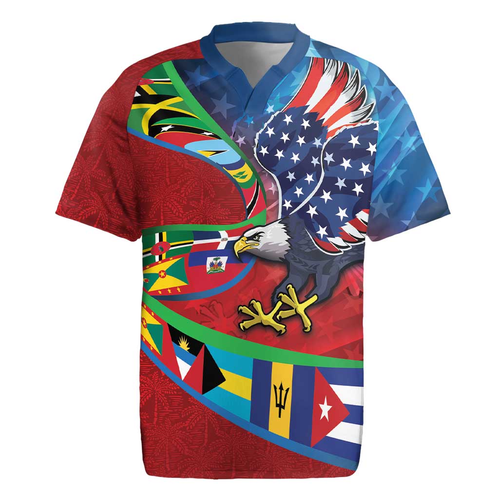 Caribbean-American Heritage Month Rugby Jersey National Flags Ribbon Wave Style with US Flag Eagle - Wonder Print Shop