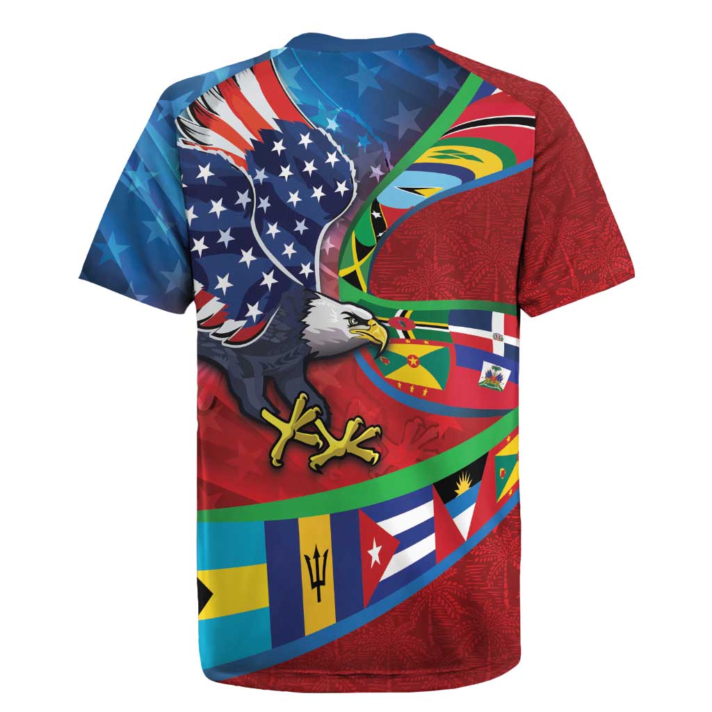 Caribbean-American Heritage Month Rugby Jersey National Flags Ribbon Wave Style with US Flag Eagle - Wonder Print Shop