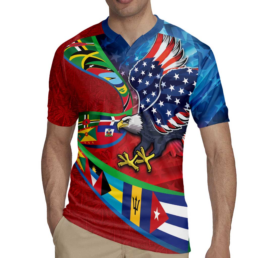 Caribbean-American Heritage Month Rugby Jersey National Flags Ribbon Wave Style with US Flag Eagle - Wonder Print Shop