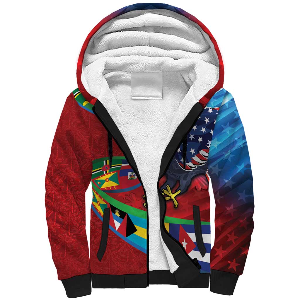 Caribbean-American Heritage Month Sherpa Hoodie National Flags Ribbon Wave Style with US Flag Eagle - Wonder Print Shop