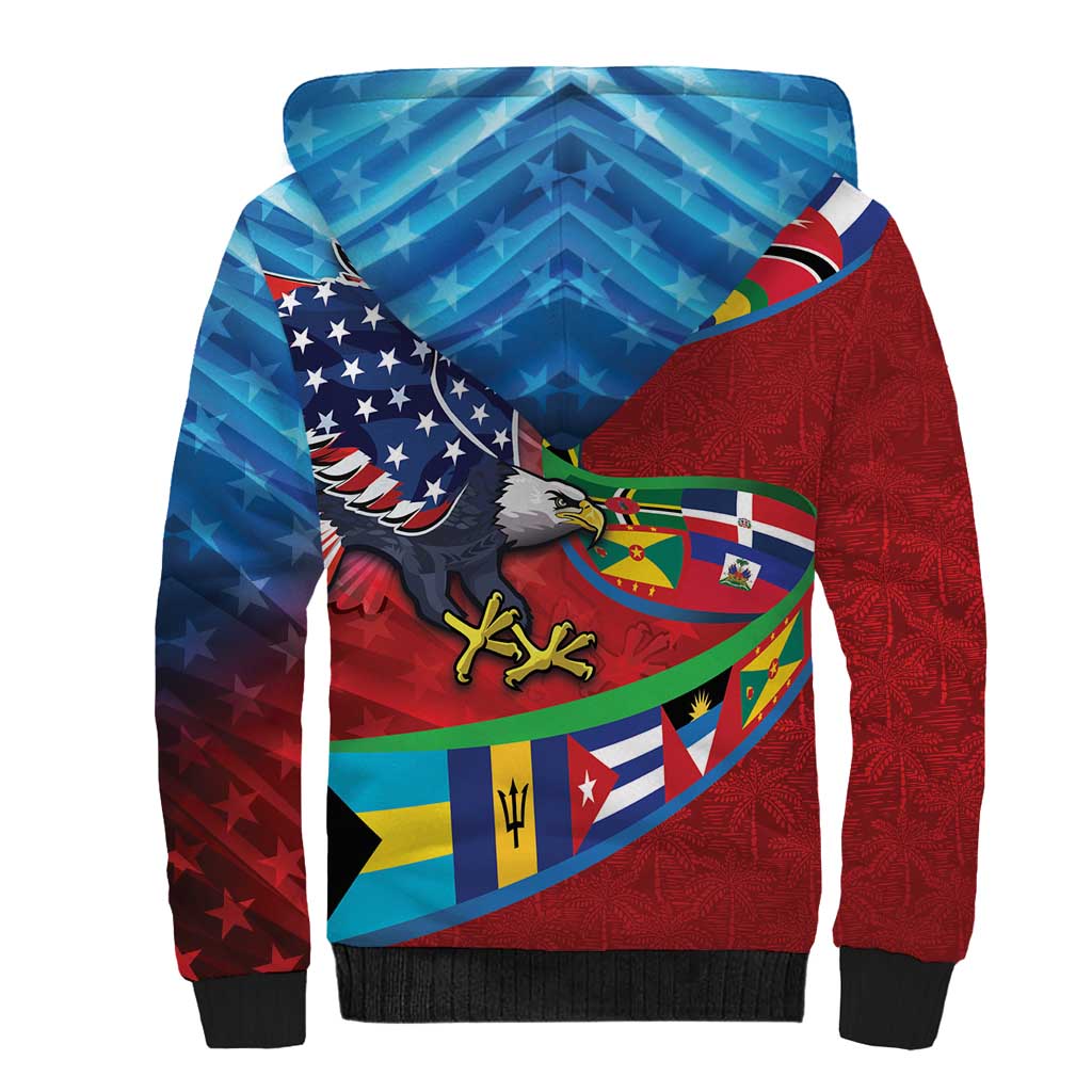 Caribbean-American Heritage Month Sherpa Hoodie National Flags Ribbon Wave Style with US Flag Eagle - Wonder Print Shop