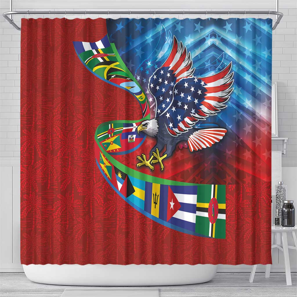 Caribbean-American Heritage Month Shower Curtain National Flags Ribbon Wave Style with US Flag Eagle - Wonder Print Shop