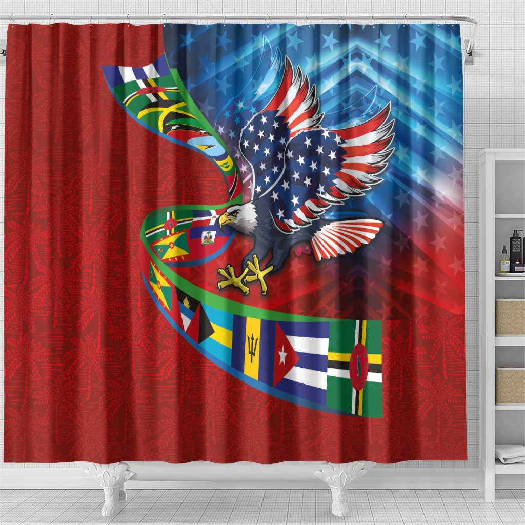 Caribbean-American Heritage Month Shower Curtain National Flags Ribbon Wave Style with US Flag Eagle - Wonder Print Shop
