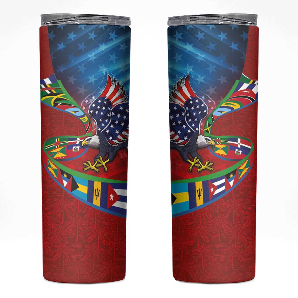 Caribbean-American Heritage Month Skinny Tumbler National Flags Ribbon Wave Style with US Flag Eagle - Wonder Print Shop