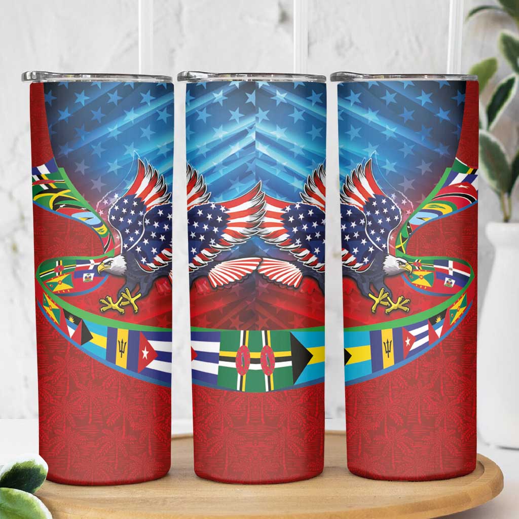 Caribbean-American Heritage Month Skinny Tumbler National Flags Ribbon Wave Style with US Flag Eagle - Wonder Print Shop
