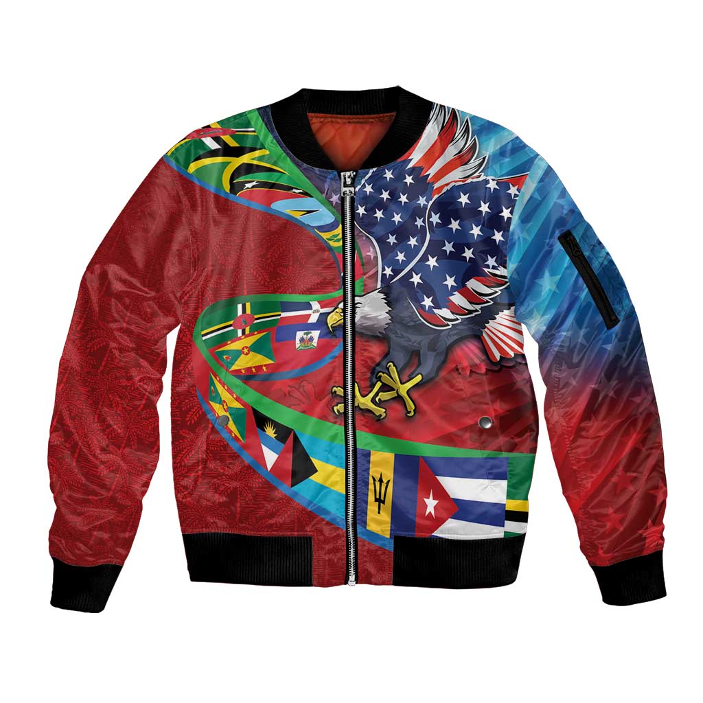 Caribbean-American Heritage Month Sleeve Zip Bomber Jacket National Flags Ribbon Wave Style with US Flag Eagle - Wonder Print Shop