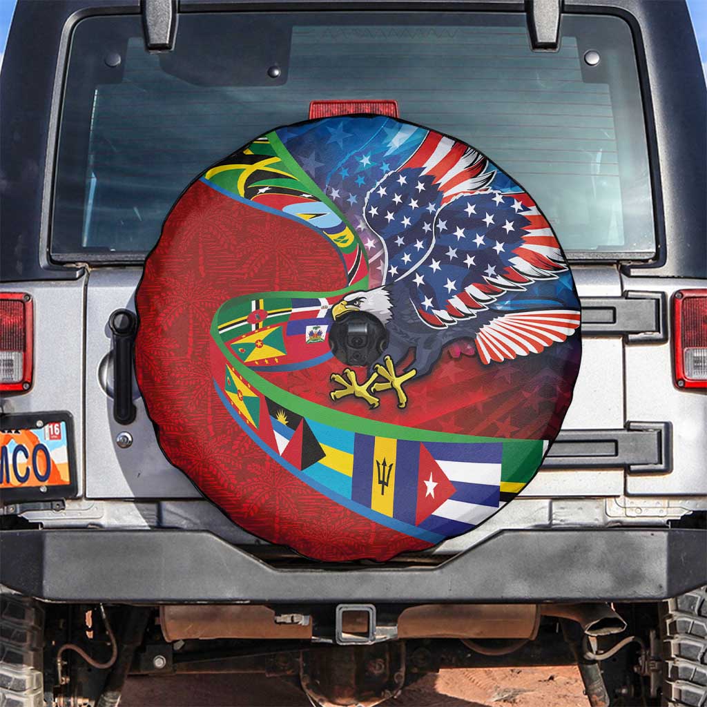 Caribbean-American Heritage Month Spare Tire Cover National Flags Ribbon Wave Style with US Flag Eagle - Wonder Print Shop