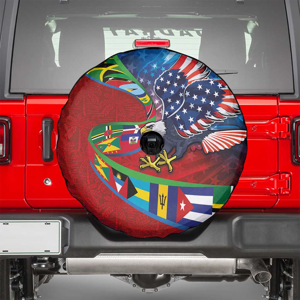 Caribbean-American Heritage Month Spare Tire Cover National Flags Ribbon Wave Style with US Flag Eagle - Wonder Print Shop