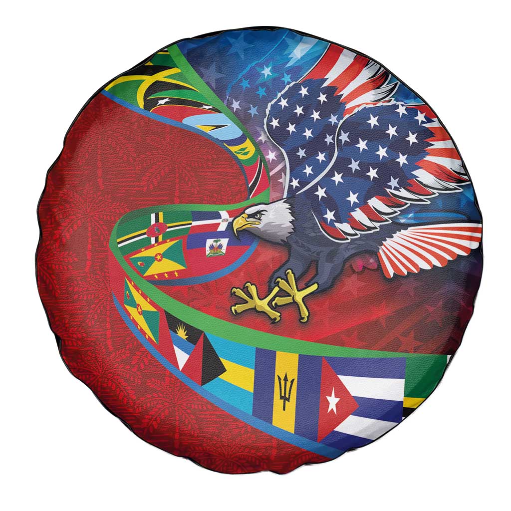 Caribbean-American Heritage Month Spare Tire Cover National Flags Ribbon Wave Style with US Flag Eagle - Wonder Print Shop