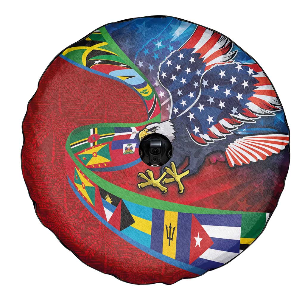 Caribbean-American Heritage Month Spare Tire Cover National Flags Ribbon Wave Style with US Flag Eagle - Wonder Print Shop