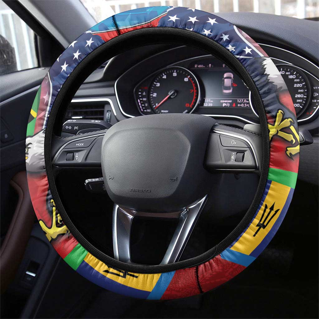 Caribbean-American Heritage Month Steering Wheel Cover National Flags Ribbon Wave Style with US Flag Eagle - Wonder Print Shop
