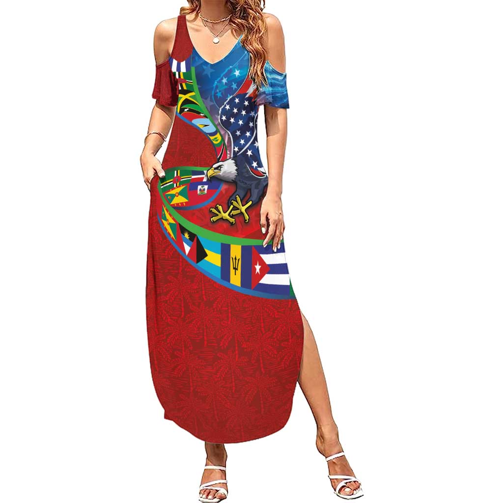 Caribbean-American Heritage Month Summer Maxi Dress National Flags Ribbon Wave Style with US Flag Eagle - Wonder Print Shop
