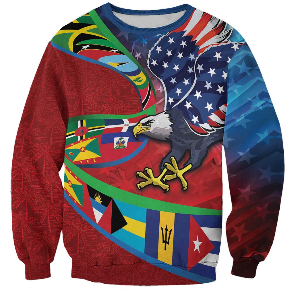 Caribbean-American Heritage Month Sweatshirt National Flags Ribbon Wave Style with US Flag Eagle - Wonder Print Shop