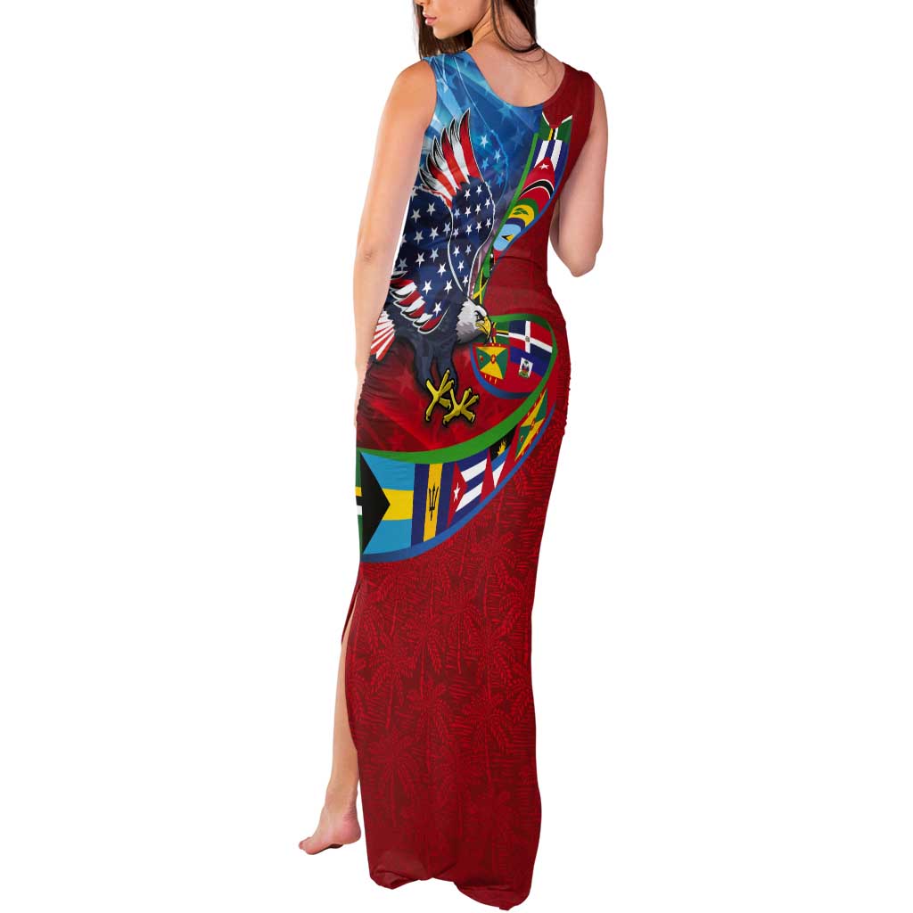 Caribbean-American Heritage Month Tank Maxi Dress National Flags Ribbon Wave Style with US Flag Eagle - Wonder Print Shop
