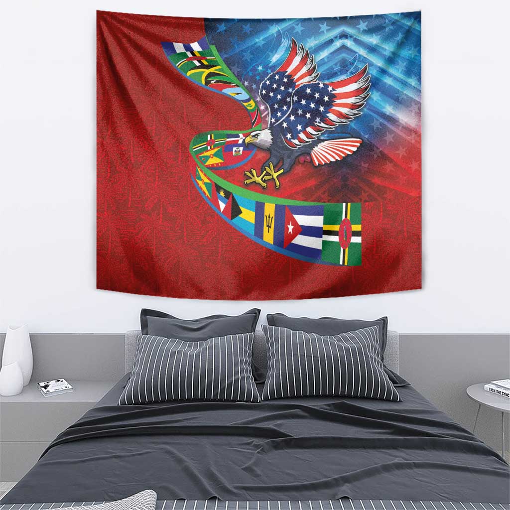 Caribbean-American Heritage Month Tapestry National Flags Ribbon Wave Style with US Flag Eagle - Wonder Print Shop