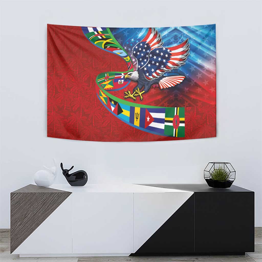 Caribbean-American Heritage Month Tapestry National Flags Ribbon Wave Style with US Flag Eagle - Wonder Print Shop