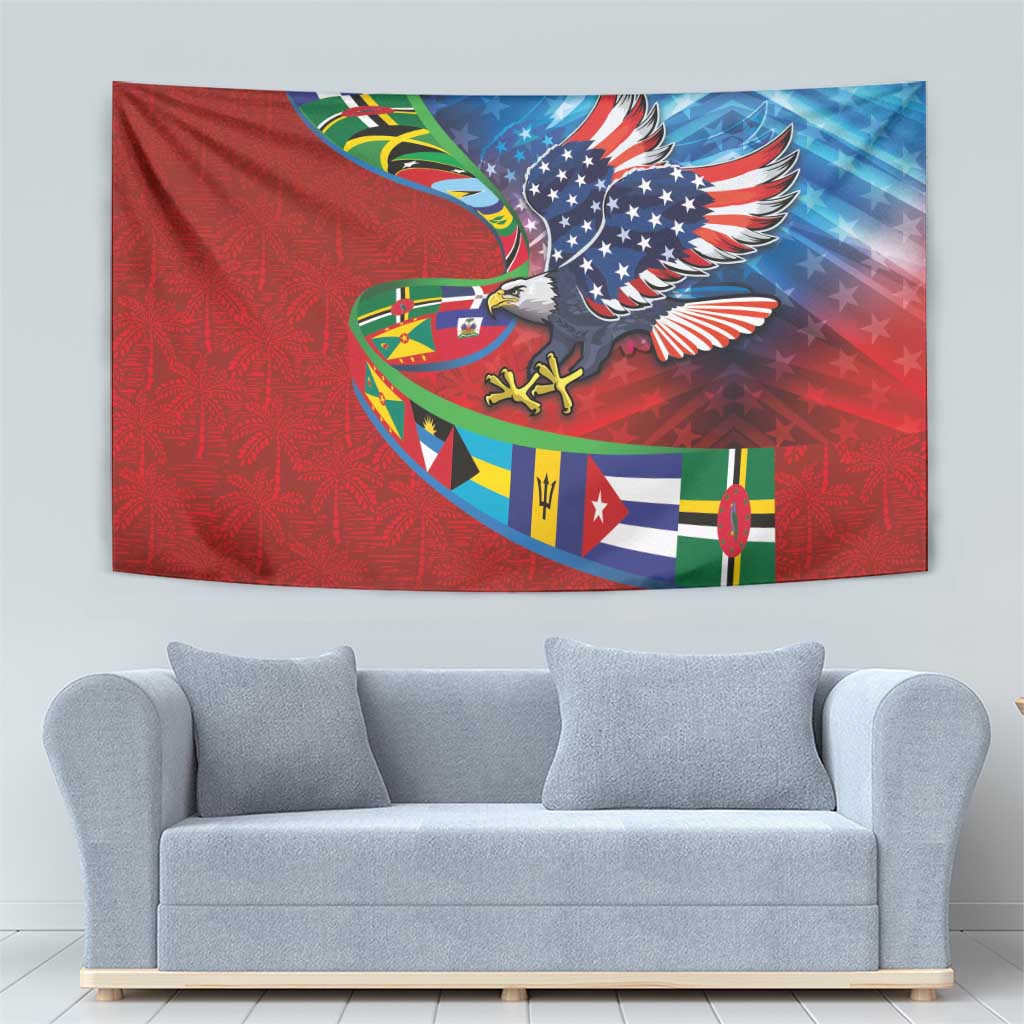 Caribbean-American Heritage Month Tapestry National Flags Ribbon Wave Style with US Flag Eagle - Wonder Print Shop