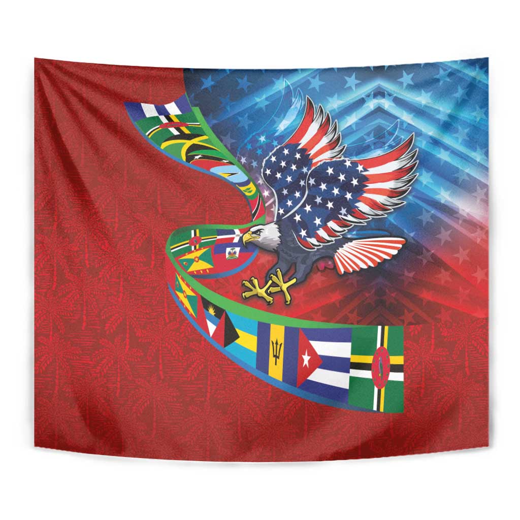 Caribbean-American Heritage Month Tapestry National Flags Ribbon Wave Style with US Flag Eagle - Wonder Print Shop