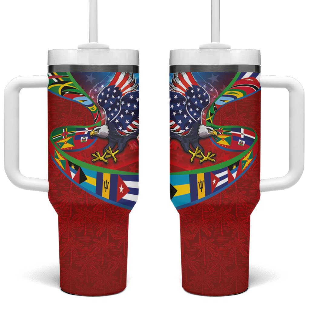 Caribbean-American Heritage Month Tumbler With Handle National Flags Ribbon Wave Style with US Flag Eagle - Wonder Print Shop