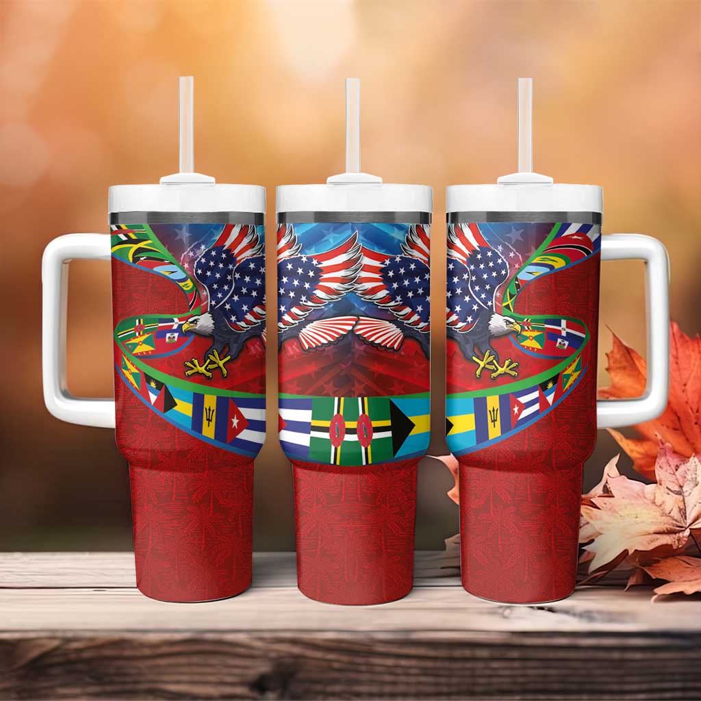 Caribbean-American Heritage Month Tumbler With Handle National Flags Ribbon Wave Style with US Flag Eagle - Wonder Print Shop
