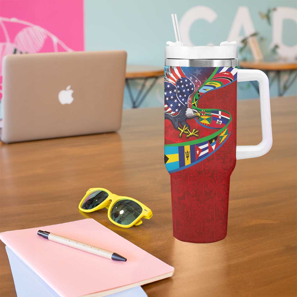 Caribbean-American Heritage Month Tumbler With Handle National Flags Ribbon Wave Style with US Flag Eagle - Wonder Print Shop
