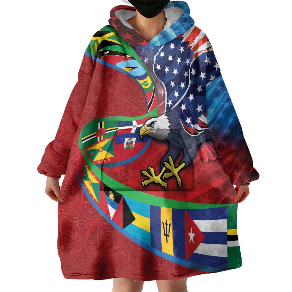 Caribbean-American Heritage Month Wearable Blanket Hoodie National Flags Ribbon Wave Style with US Flag Eagle - Wonder Print Shop