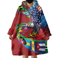 Caribbean-American Heritage Month Wearable Blanket Hoodie National Flags Ribbon Wave Style with US Flag Eagle - Wonder Print Shop