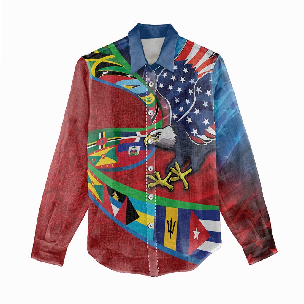 Caribbean-American Heritage Month Women Casual Shirt National Flags Ribbon Wave Style with US Flag Eagle - Wonder Print Shop
