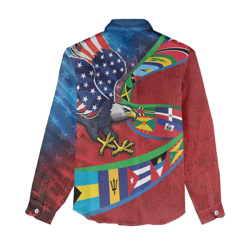 Caribbean-American Heritage Month Women Casual Shirt National Flags Ribbon Wave Style with US Flag Eagle - Wonder Print Shop