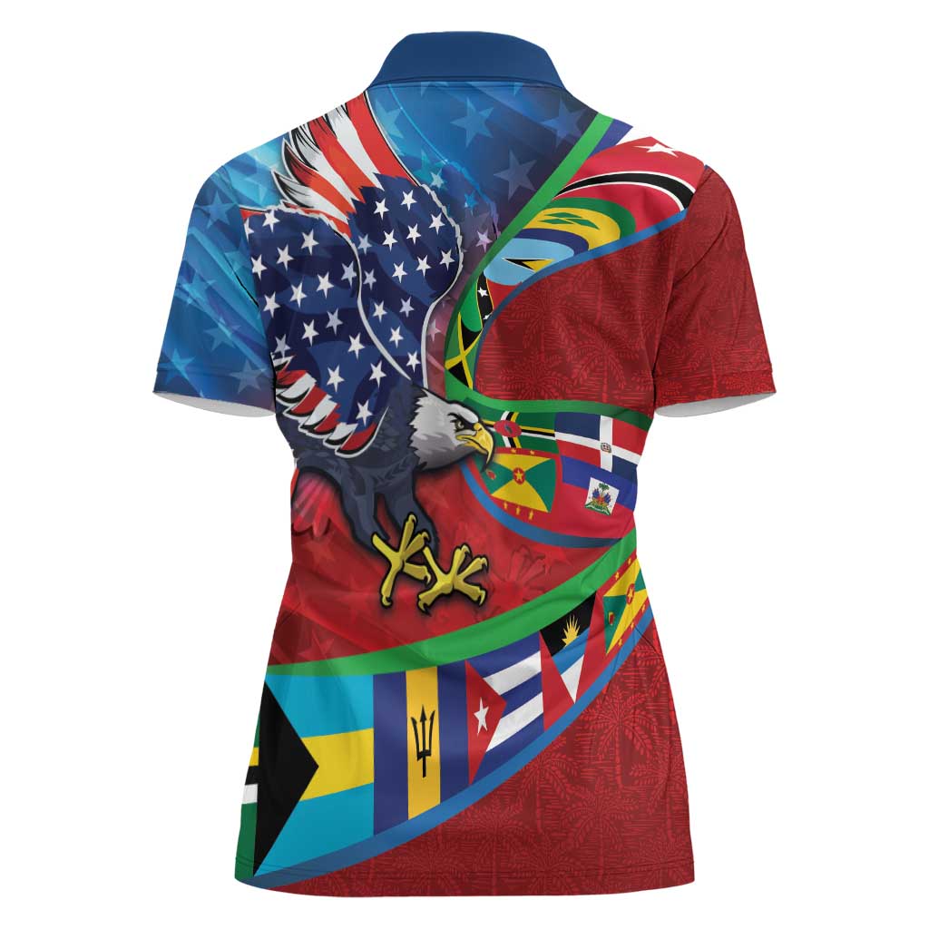 Caribbean-American Heritage Month Women Polo Shirt National Flags Ribbon Wave Style with US Flag Eagle - Wonder Print Shop