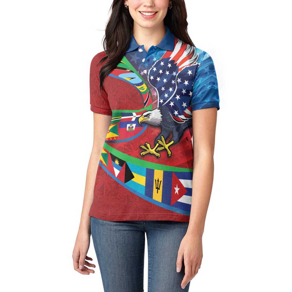 Caribbean-American Heritage Month Women Polo Shirt National Flags Ribbon Wave Style with US Flag Eagle - Wonder Print Shop