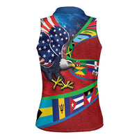 Caribbean-American Heritage Month Women Sleeveless Polo Shirt National Flags Ribbon Wave Style with US Flag Eagle - Wonder Print Shop