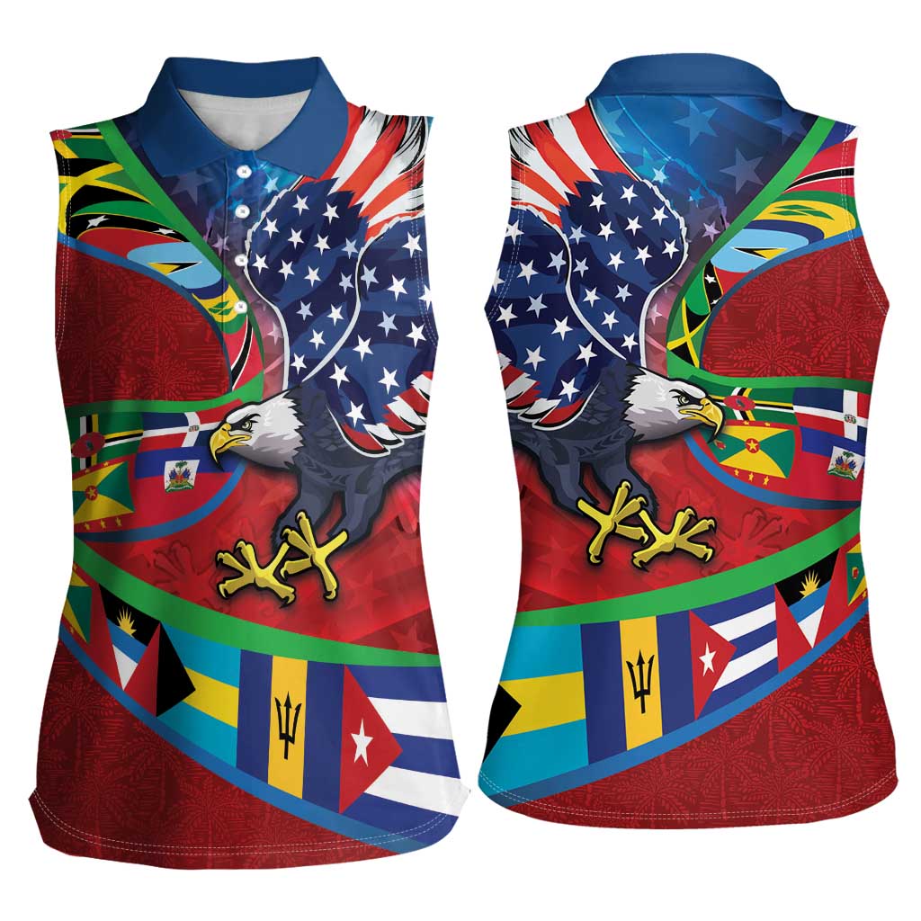 Caribbean-American Heritage Month Women Sleeveless Polo Shirt National Flags Ribbon Wave Style with US Flag Eagle - Wonder Print Shop