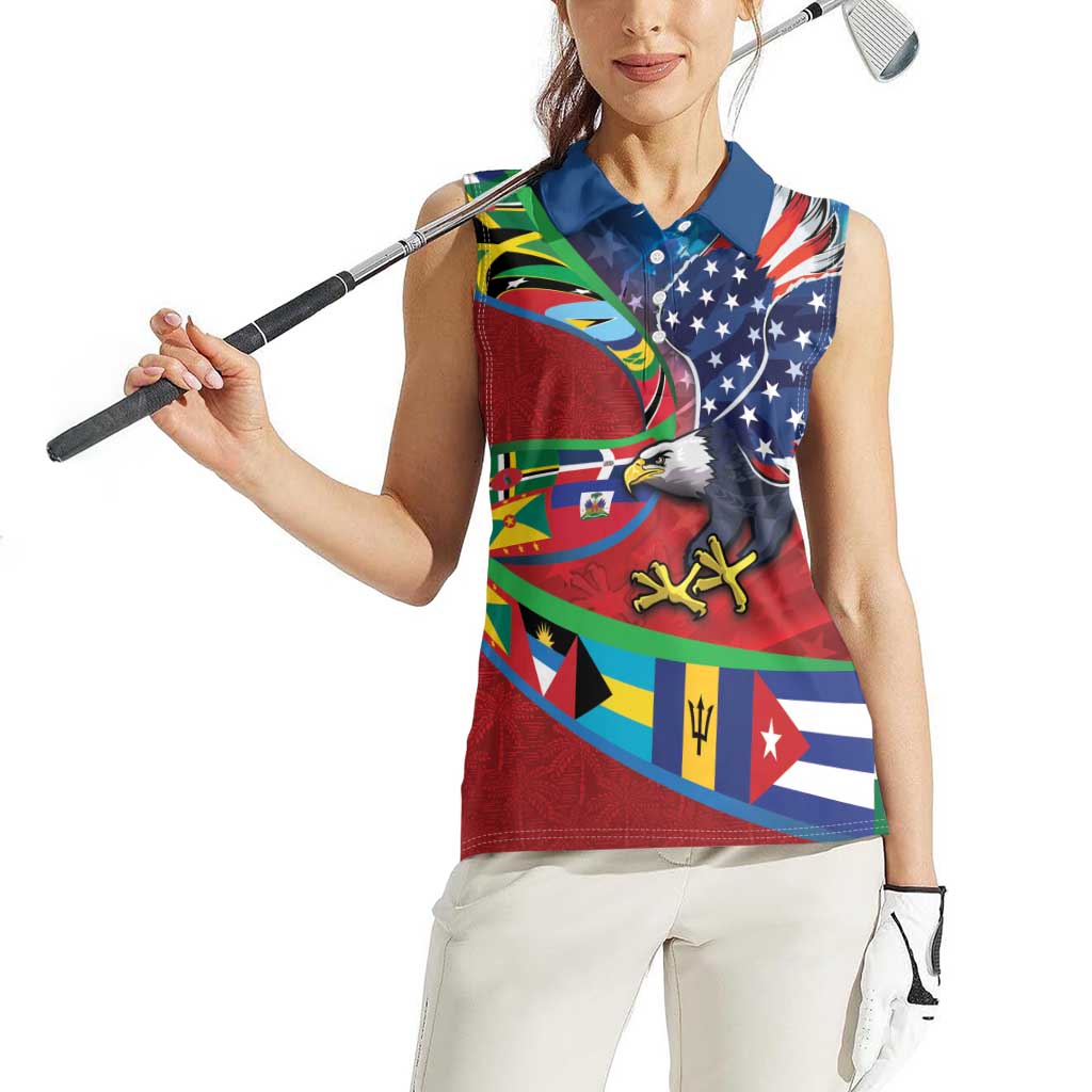 Caribbean-American Heritage Month Women Sleeveless Polo Shirt National Flags Ribbon Wave Style with US Flag Eagle - Wonder Print Shop