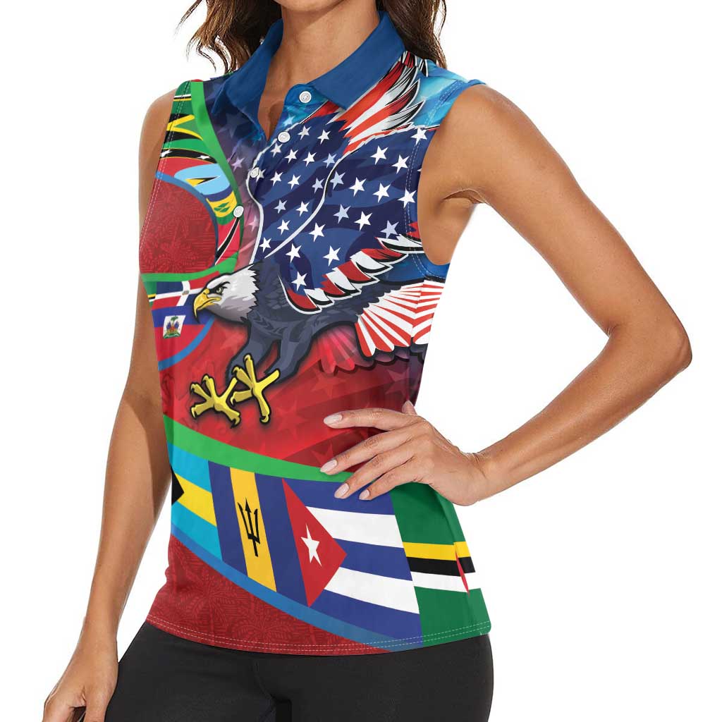 Caribbean-American Heritage Month Women Sleeveless Polo Shirt National Flags Ribbon Wave Style with US Flag Eagle - Wonder Print Shop