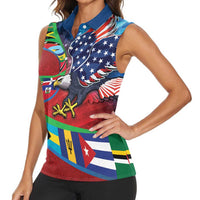 Caribbean-American Heritage Month Women Sleeveless Polo Shirt National Flags Ribbon Wave Style with US Flag Eagle - Wonder Print Shop