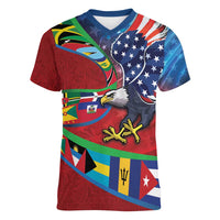Caribbean-American Heritage Month Women V-Neck T-Shirt National Flags Ribbon Wave Style with US Flag Eagle - Wonder Print Shop
