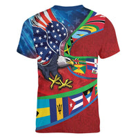 Caribbean-American Heritage Month Women V-Neck T-Shirt National Flags Ribbon Wave Style with US Flag Eagle - Wonder Print Shop