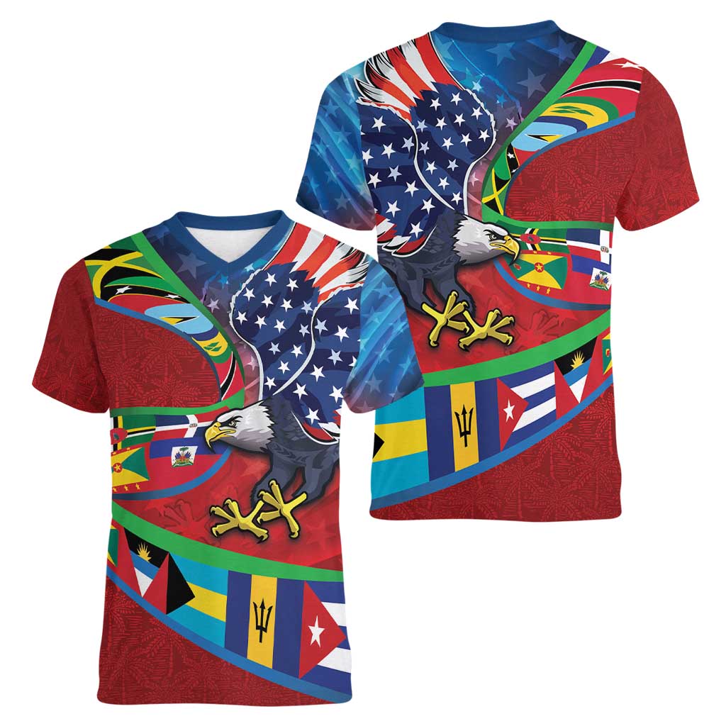 Caribbean-American Heritage Month Women V-Neck T-Shirt National Flags Ribbon Wave Style with US Flag Eagle - Wonder Print Shop