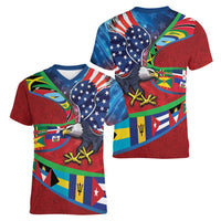 Caribbean-American Heritage Month Women V-Neck T-Shirt National Flags Ribbon Wave Style with US Flag Eagle - Wonder Print Shop