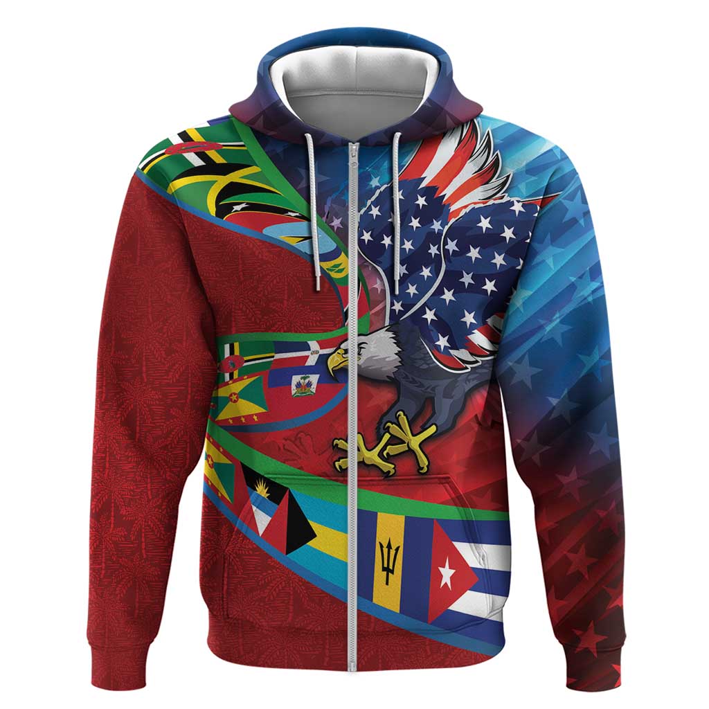 Caribbean-American Heritage Month Zip Hoodie National Flags Ribbon Wave Style with US Flag Eagle - Wonder Print Shop