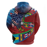 Caribbean-American Heritage Month Zip Hoodie National Flags Ribbon Wave Style with US Flag Eagle - Wonder Print Shop