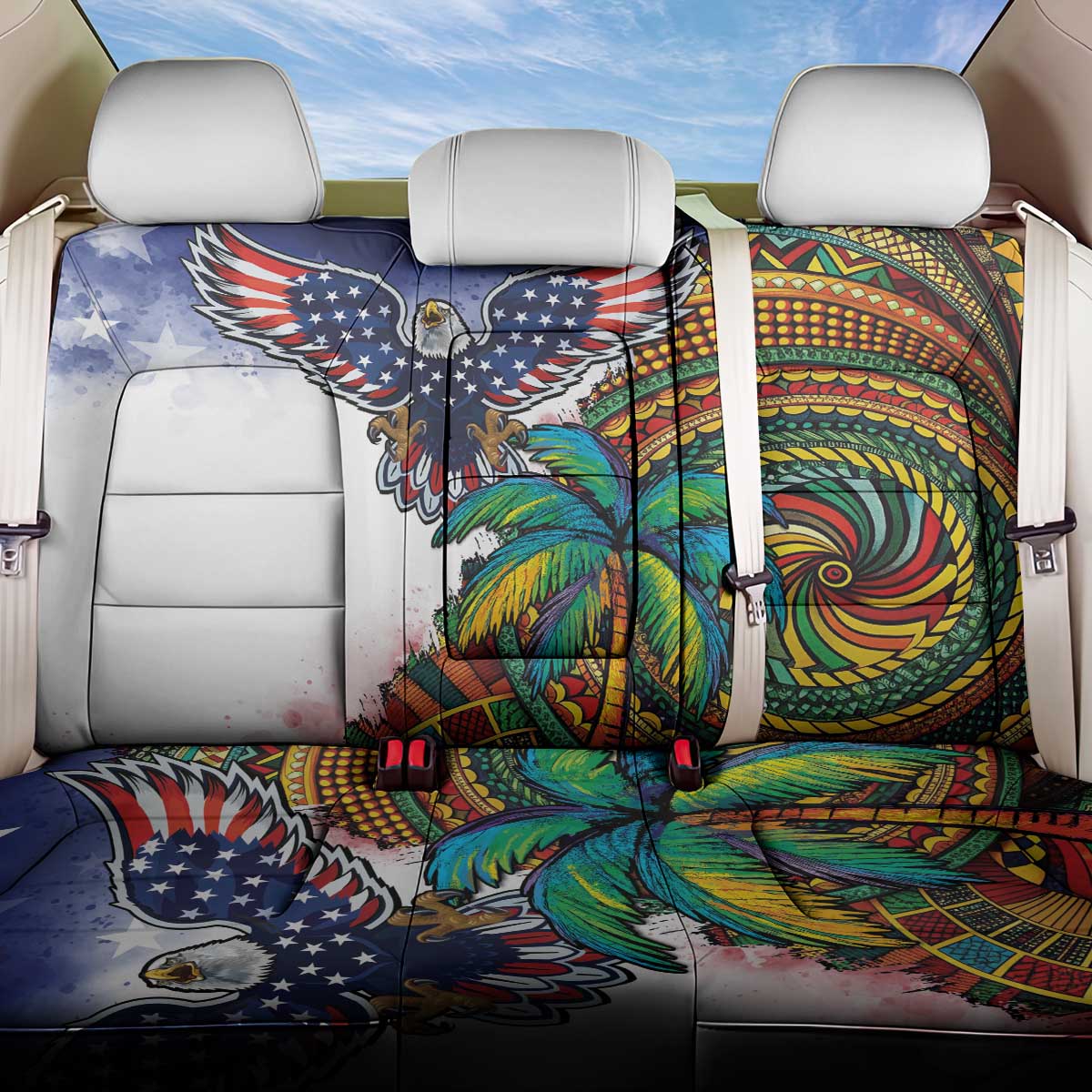 Caribbean American Together Back Car Seat Cover USA Flag Eagle and Coloful Palm Tree - Wonder Print Shop