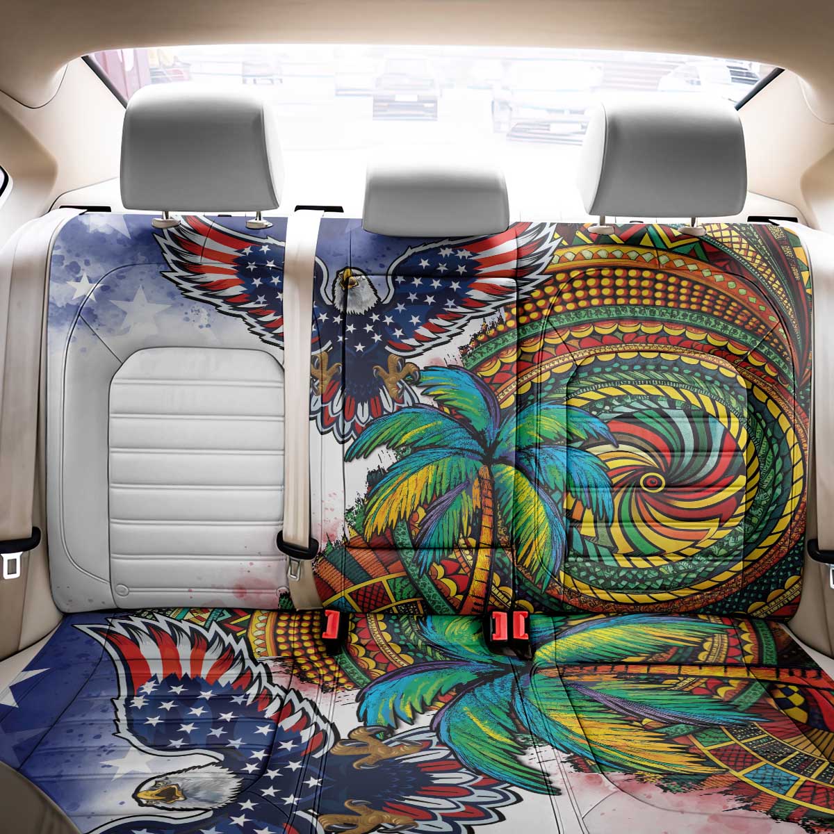 Caribbean American Together Back Car Seat Cover USA Flag Eagle and Coloful Palm Tree - Wonder Print Shop