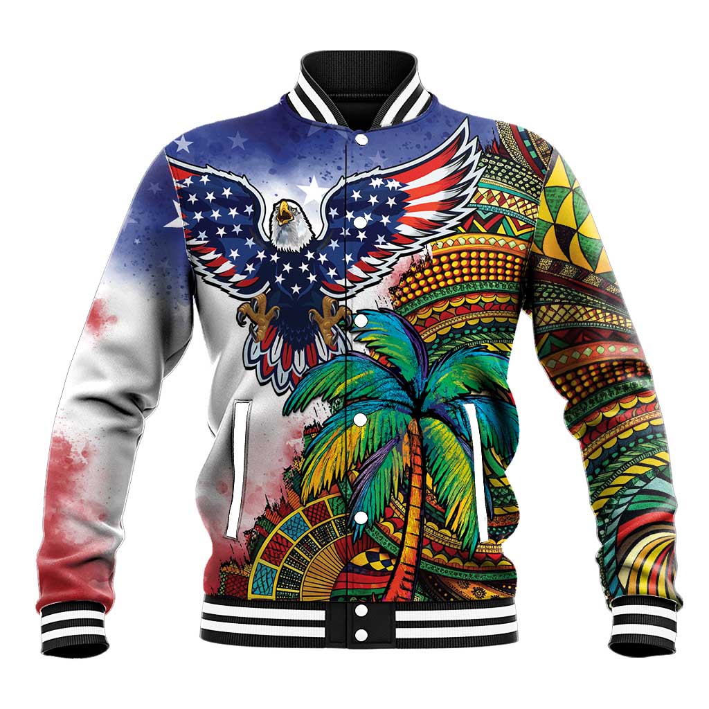 Caribbean American Together Baseball Jacket USA Flag Eagle and Coloful Palm Tree - Wonder Print Shop
