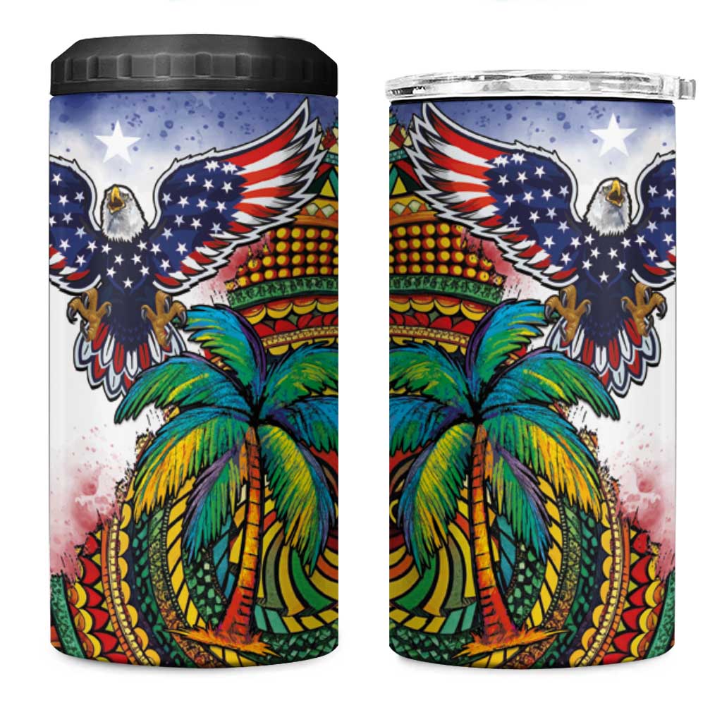 Caribbean American Together 4 in 1 Can Cooler Tumbler USA Flag Eagle and Coloful Palm Tree - Wonder Print Shop
