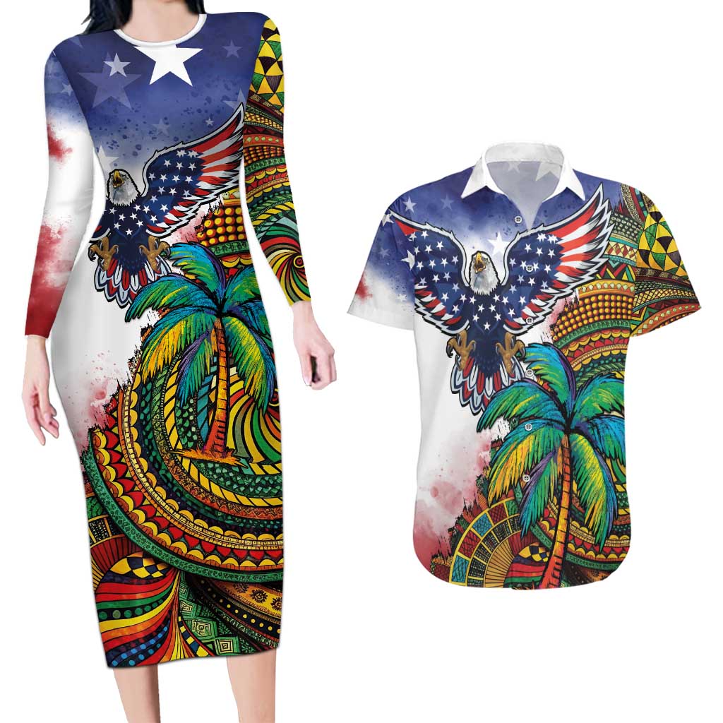 Caribbean American Together Couples Matching Long Sleeve Bodycon Dress and Hawaiian Shirt USA Flag Eagle and Coloful Palm Tree - Wonder Print Shop