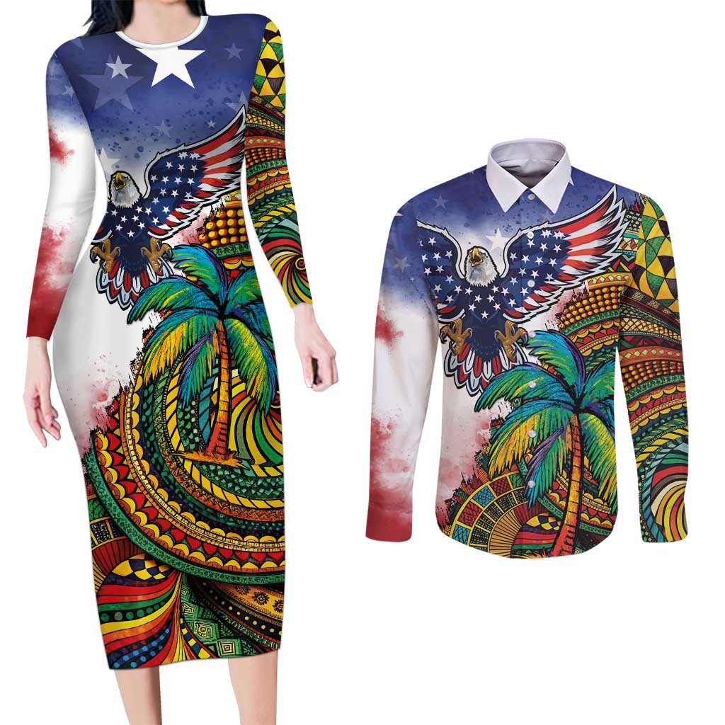 Caribbean American Together Couples Matching Long Sleeve Bodycon Dress and Long Sleeve Button Shirt USA Flag Eagle and Coloful Palm Tree - Wonder Print Shop